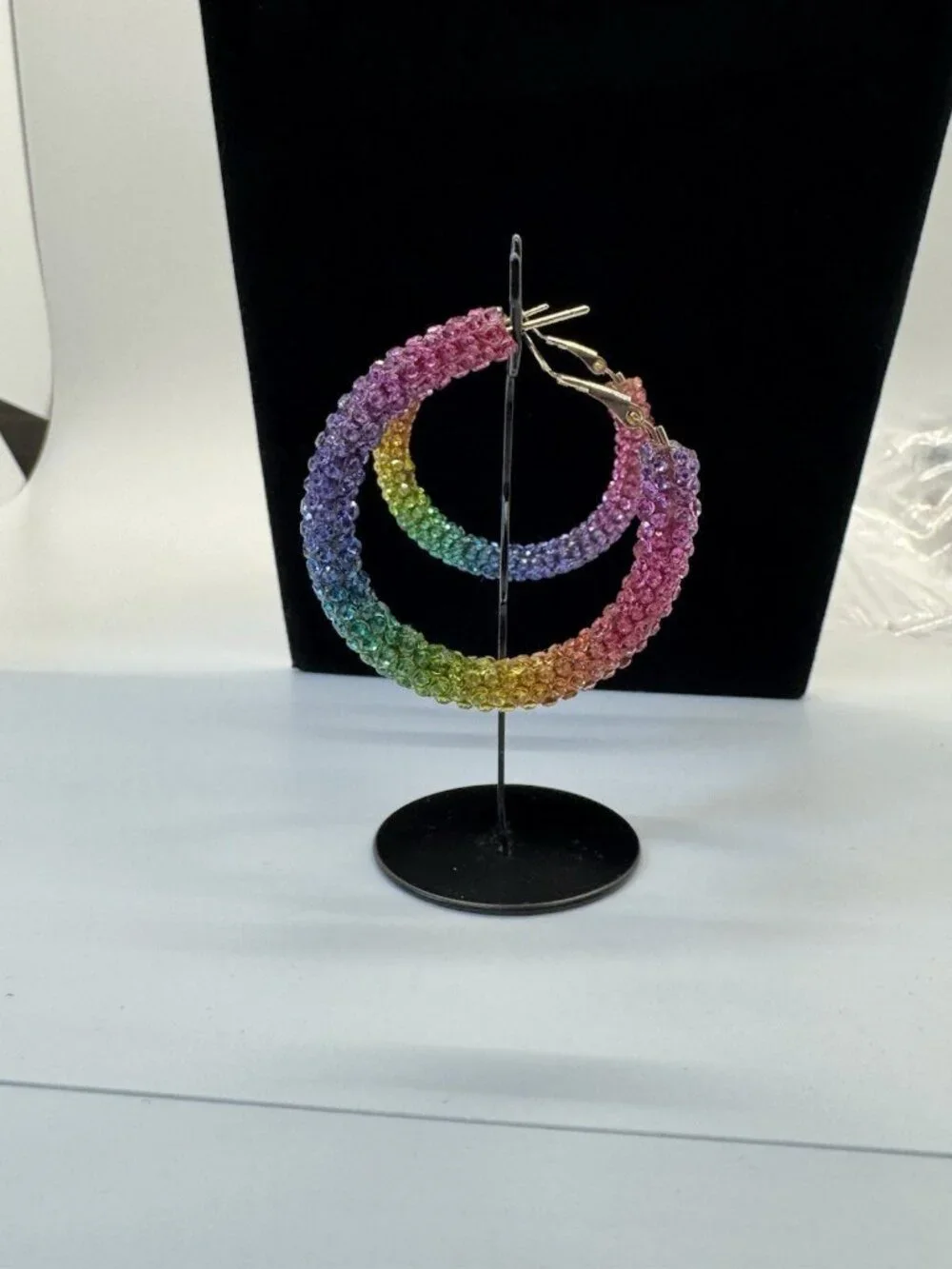 Rainbow Rhinestone Pave’ Hoop Earrings Multicolor Large Statement Dangle